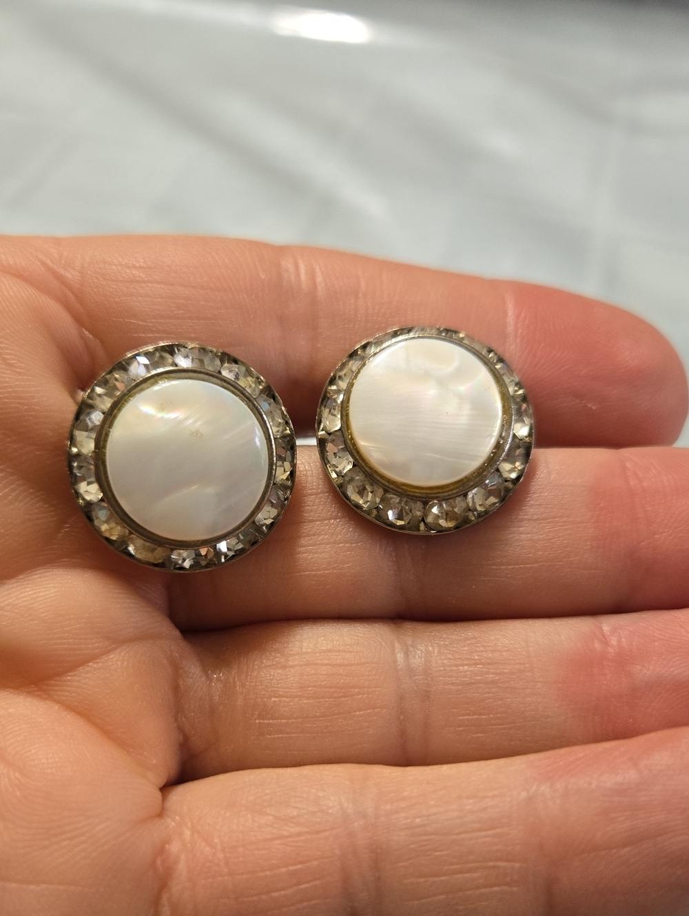 Vintage Coro Screwback Mother-of-Pearl and Crystal Round Stud Earrings